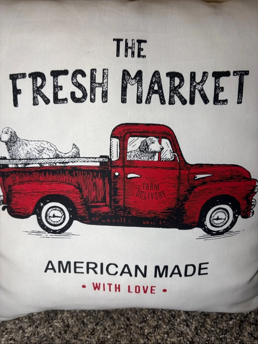 Red Truck Farm Pillow with Black Text